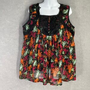 Roamans Tunic Top‎ Sz 18W Black Floral Sleeveless Lace Trim Peasant Bohemian